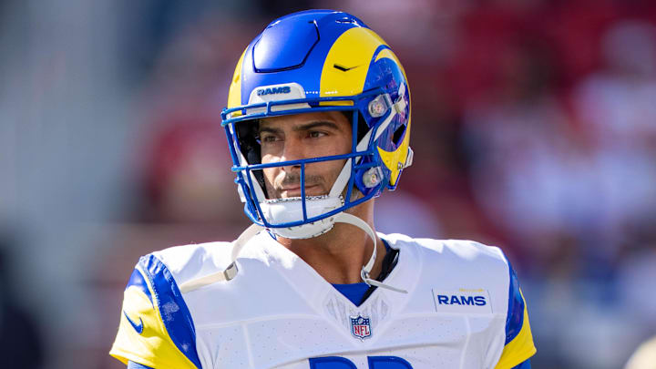 November 9, 2025; Santa Clara, California, USA; Los Angeles Rams quarterback Jimmy Garoppolo (11) warms up before the game against the San Francisco 49ers at Levi's Stadium. Mandatory Credit: Kyle Terada-Imagn Images