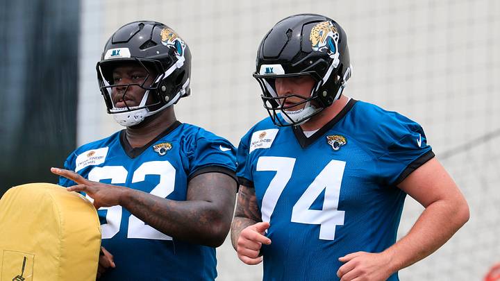 Jacksonville Jaguars outside linebacker Garrett DiGiorgio (74) drills next to outside linebacker Jimto Obidegwu (62) during rookie minicamp at the Miller Electric Center, Saturday, May 9, 2026 in Jacksonville, Fla. Today was the second of a three day camp concluding Sunday.