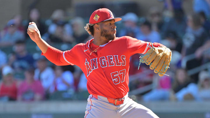 Feb 22, 2026; Salt River Pima-Maricopa, Arizona, USA; Los Angeles Angels pitcher Walbert Urena (57) during the fifth inning against the Arizona Diamondbacks at Salt River Fields at Talking Stick. Mandatory Credit: Jayne Kamin-Oncea-Imagn Images