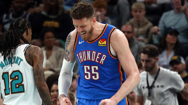 Feb 8, 2025; Memphis, Tennessee, USA; Oklahoma City Thunder center Isaiah Hartenstein (55) reacts after a dunk during the fourth quarter against the Memphis Grizzlies at FedExForum. Mandatory Credit: Petre Thomas-Imagn Images