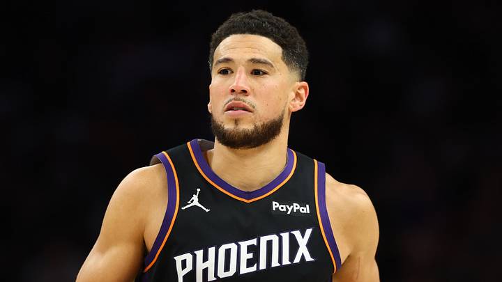 Apr 27, 2026; Phoenix, Arizona, USA; Phoenix Suns guard Devin Booker (1) against the Oklahoma City Thunder in the second half during game four of the first round of the 2026 NBA Playoffs at Mortgage Matchup Center. Mandatory Credit: Mark J. Rebilas-Imagn Images Apr 27, 2026; Phoenix, Arizona, USA; Phoenix Suns guard Devin Booker (1) against the Oklahoma City Thunder in the second half during game four of the first round of the 2026 NBA Playoffs at Mortgage Matchup Center. Mandatory Credit: Mark J. Rebilas-Imagn Images
