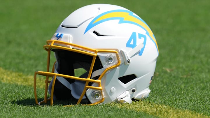 Jul 26, 2023; Costa Mesa, CA, USA; Los Angeles Chargers helmet of long snapper Josh Harris (47) during training camp at Jack Hammet Sports Comples. Mandatory Credit: Kirby Lee-Imagn Images