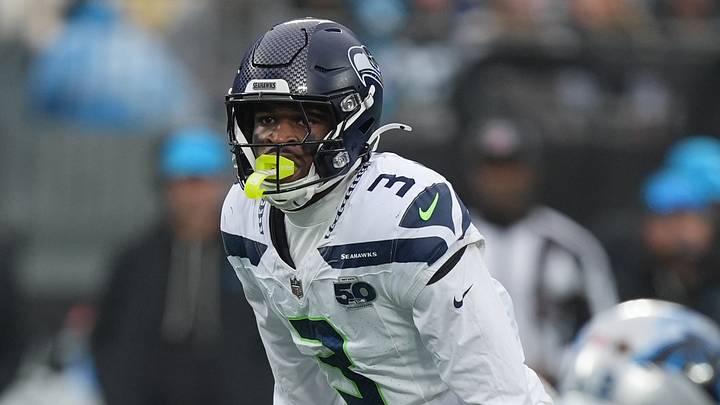 Dec 28, 2025; Charlotte, North Carolina, USA; Seattle Seahawks safety Nick Emmanwori (3) looks over the Panthers offense during the second half at Bank of America Stadium. Mandatory Credit: Jim Dedmon-Imagn Images