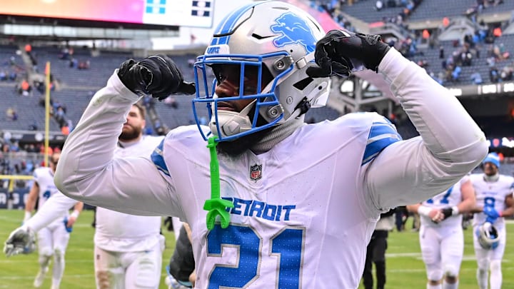 Dec 22, 2024; Chicago, Illinois, USA; Detroit Lions cornerback Amik Robertson (21) walks off the field after a game against the Chicago Bears at Soldier Field. Dec 22, 2024; Chicago, Illinois, USA; Detroit Lions cornerback Amik Robertson (21) walks off the field after a game against the Chicago Bears at Soldier Field.