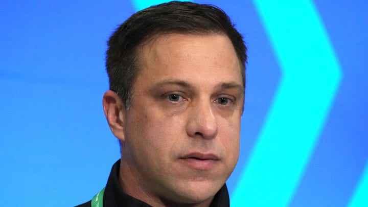 Feb 27, 2024; Indianapolis, IN, USA; Kansas City Chiefs general manager Brett Veach speaks during a press conference at the NFL Scouting Combine at Indiana Convention Center. Mandatory Credit: Kirby Lee-Imagn Images Feb 27, 2024; Indianapolis, IN, USA; Kansas City Chiefs general manager Brett Veach speaks during a press conference at the NFL Scouting Combine at Indiana Convention Center. Mandatory Credit: Kirby Lee-Imagn Images
