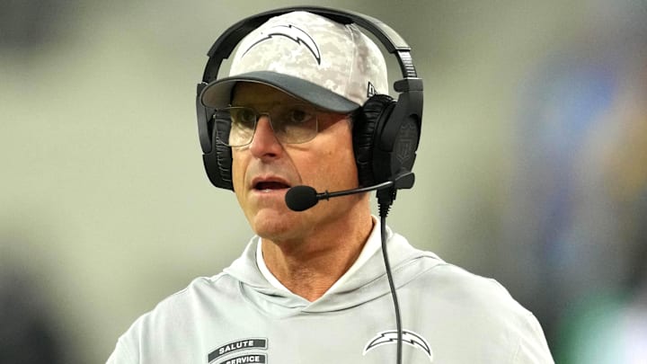 Nov 25, 2024; Inglewood, California, USA; Los Angeles Chargers coach Jim Harbaugh reacts against the Baltimore Ravens in the first half at SoFi Stadium. Mandatory Credit: Kirby Lee-Imagn Images