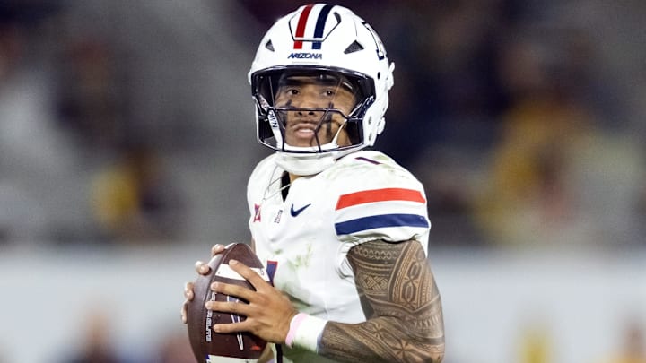 Nov 28, 2025; Tempe, Arizona, USA; Arizona Wildcats quarterback Noah Fifita (1) against the Arizona State Sun Devils during the 99th Territorial Cup at Mountain America Stadium. Mandatory Credit: Mark J. Rebilas-Imagn Images
