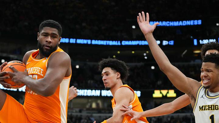 Mar 29, 2026; Chicago, IL, USA; Tennessee Volunteers forward Jaylen Carey (23) grabs a rebound in the first half against the Michigan Wolverines during an Elite Eight game of the Midwest Regional of the men's 2026 NCAA Tournament at United Center. Mandatory Credit: David Banks-Imagn Images