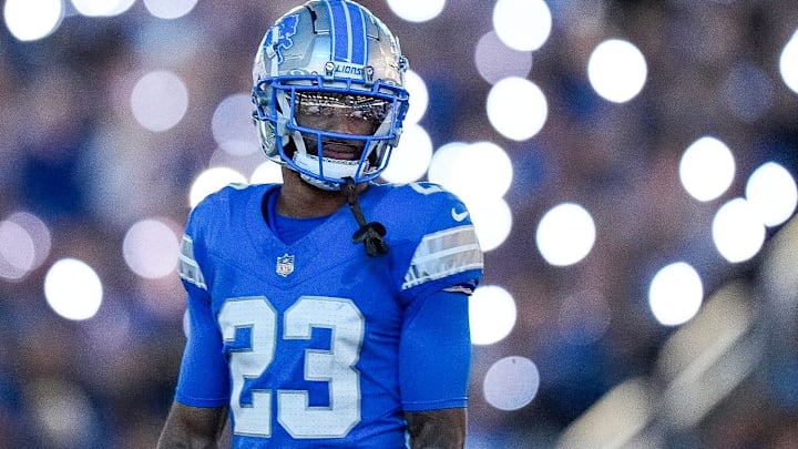 Former Detroit Lions cornerback Carlton Davis III (23) looks on at a timeout against the Los Angeles Rams during the second half at Ford Field in Detroit on Sunday, September 8, 2024.