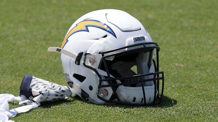 Jun 14, 2018; Costa Mesa, CA, USA; Los Angeles Chargers helmet of defensive end Isaac Rochell (not pictured) on the field during minicamp at the Hoag Performance Center. Mandatory Credit: Kirby Lee-Imagn Images Jun 14, 2018; Costa Mesa, CA, USA; Los Angeles Chargers helmet of defensive end Isaac Rochell (not pictured) on the field during minicamp at the Hoag Performance Center. Mandatory Credit: Kirby Lee-Imagn Images
