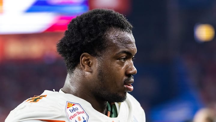 Miami Hurricanes defensive lineman Rueben Bain Jr. against the Mississippi Rebels during the 2026 Fiesta Bowl Miami Hurricanes defensive lineman Rueben Bain Jr. against the Mississippi Rebels during the 2026 Fiesta Bowl