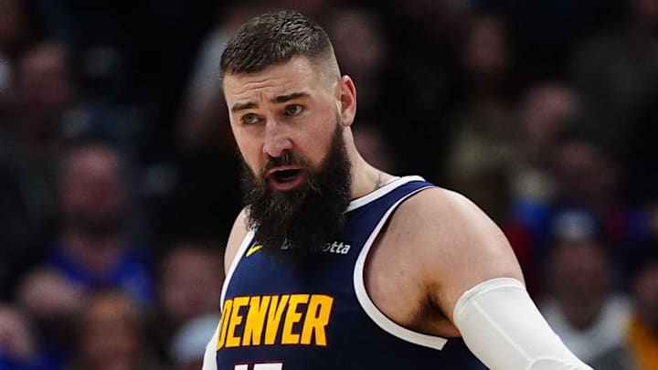 Jan 27, 2026; Denver, Colorado, USA; Denver Nuggets center Jonas Valanciunas (17) reacts in the second quarter against the Detroit Pistons at Ball Arena. Mandatory Credit: Ron Chenoy-Imagn Images