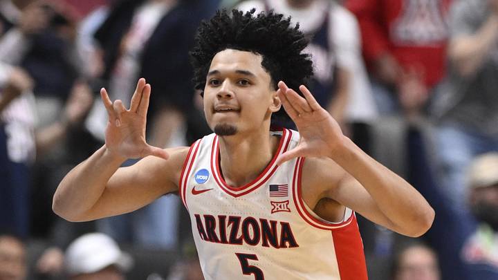 Arizona Wildcats guard Brayden Burries (5) celebrates after a play against the Arkansas Razorbacks in the second half during a Sweet Sixteen game of the West Regional of the men's 2026 NCAA Tournament at SAP Center on March 26, 2026.