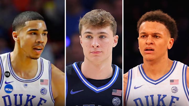 (L to R) Jayson Tatum, Cooper Flagg, and Paolo Banchero, who all played at Duke, will be featured on a triple relic-auto card in the upcoming Topps 3 basketball