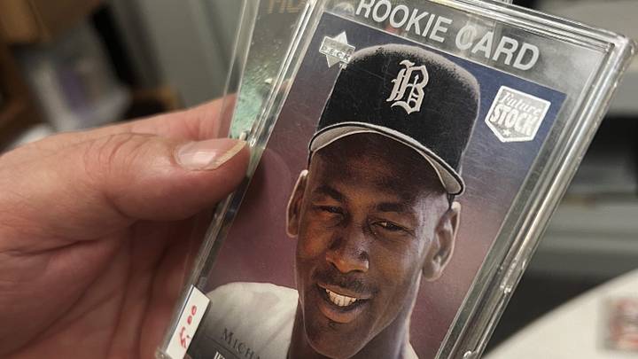 A sports trading card showing basketball star Michael Jordan as a top baseball prospect for the Chicago White Sox. Another baseball card featuring Michael Jordan is on top of this week's list. A sports trading card showing basketball star Michael Jordan as a top baseball prospect for the Chicago White Sox. Another baseball card featuring Michael Jordan is on top of this week's list.