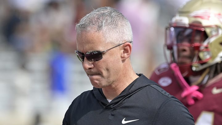 Oct 11, 2025; Tallahassee, Florida, USA; Florida State Seminoles head coach Mike Norvell after losing the game to the Pittsburgh Panthers at Doak S. Campbell Stadium. Mandatory Credit: Melina Myers-Imagn Images