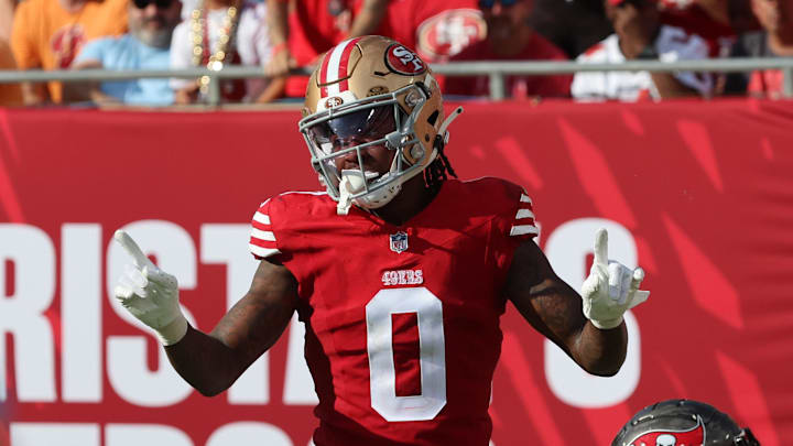 Nov 10, 2024; Tampa, Florida, USA; San Francisco 49ers cornerback Renardo Green (0) celebrates after he breaks up Tampa Bay Buccaneers wide receiver Ryan Miller (81) catch during the second half at Raymond James Stadium. Mandatory Credit: Kim Klement Neitzel-Imagn Images