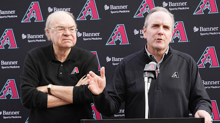 Arizona Diamondbacks CEO and President Derrick Hall with managing general partner Ken Kendrick left hold their annual news conference during spring training workouts at Salt River Fields at Talking Stick on Feb. 17, 2025, in Scottsdale.