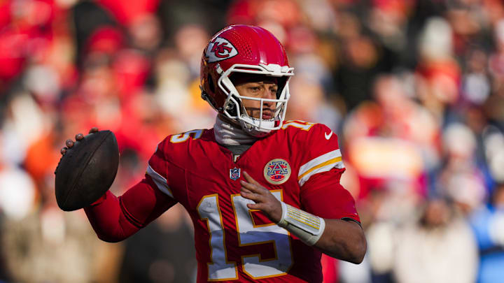 Dec 14, 2025; Kansas City, Missouri, USA; Kansas City Chiefs quarterback Patrick Mahomes (15) looks to pass against the Los Angeles Chargers during the second quarter at GEHA Field at Arrowhead Stadium. Mandatory Credit: Jay Biggerstaff-Imagn Images Dec 14, 2025; Kansas City, Missouri, USA; Kansas City Chiefs quarterback Patrick Mahomes (15) looks to pass against the Los Angeles Chargers during the second quarter at GEHA Field at Arrowhead Stadium. Mandatory Credit: Jay Biggerstaff-Imagn Images
