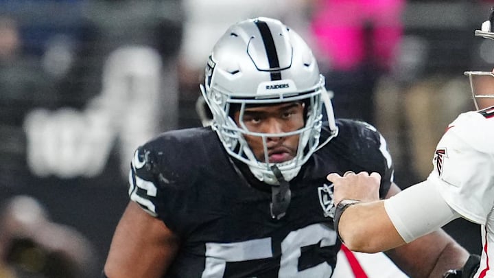 Dec 16, 2024; Paradise, Nevada, USA; Las Vegas Raiders linebacker Amari Burney (56) looks to sack Atlanta Falcons quarterback Kirk Cousins (18) during the third quarter at Allegiant Stadium. Mandatory Credit: Stephen R. Sylvanie-Imagn Images