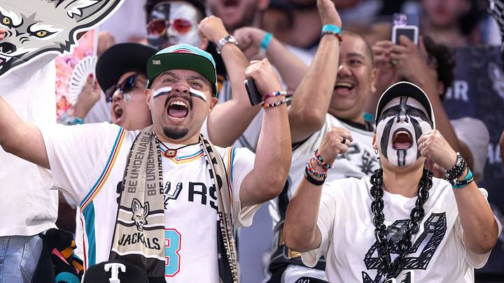 May 12, 2026; San Antonio, Texas, USA; San Antonio Spurs superfan European-style supporter group The Jackals against the Minnesota Timberwolves in the first half during Game 5 of the second round of the 2026 NBA Playoffs.