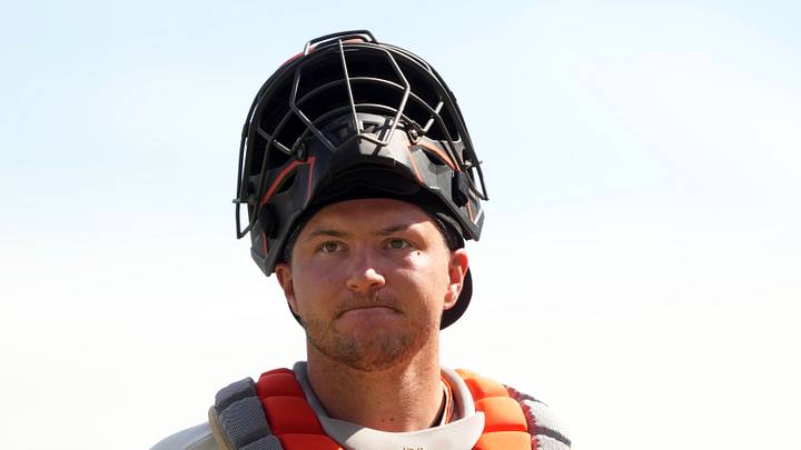 San Francisco, California, USA; San Francisco Giants catcher Patrick Bailey (14) during the fourth inning against the New York Yankees at Oracle Park. Mandatory Credit: Darren Yamashita-Imagn Images