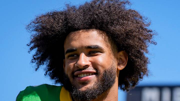 April 25, 2026; Oregon quarterback Dante Moore is all smiles during the Oregon Ducks spring game at Autzen Stadium in Eugene, Oregon. April 25, 2026; Oregon quarterback Dante Moore is all smiles during the Oregon Ducks spring game at Autzen Stadium in Eugene, Oregon.