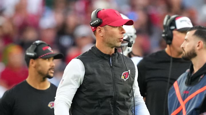 Dec 21, 2025; Glendale, Arizona, USA;  Arizona Cardinals head coach Jonathan Gannon stands on the sidelines against the Atlanta Falcons during the second half at State Farm Stadium. Mandatory Credit: Joe Camporeale-Imagn Images