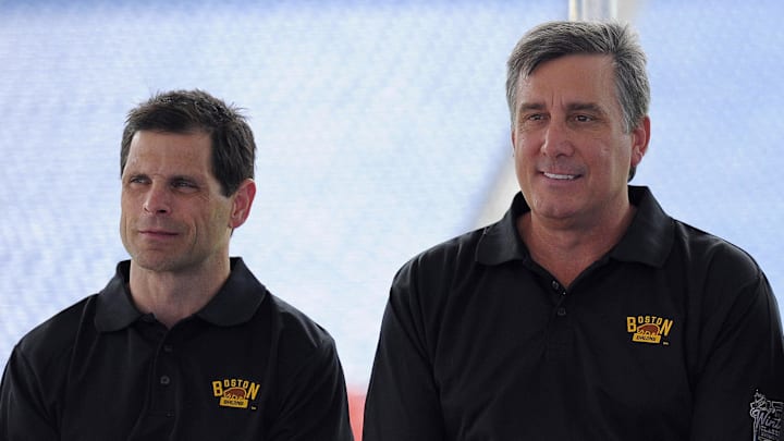 Jul 29, 2015; Foxboro, MA, USA; Boston Bruins general manager Don Sweeney and president Cam Neely and former Bruins defenseman Ray Bourque during a press conference for the Winter Classic hockey game at Gillette Stadium. Mandatory Credit: Bob DeChiara-Imagn Images