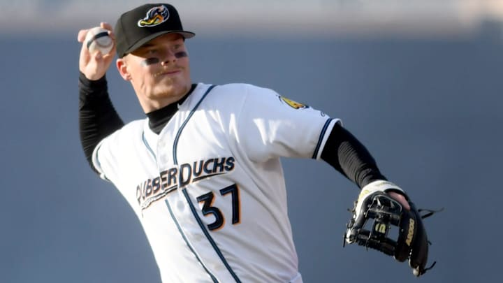 Cleveland Guardians top prospect Travis Bazzana warms up before the start of Akron RubberDucks home opener against Altoona Curve. Tuesday, April 08, 2025. Cleveland Guardians top prospect Travis Bazzana warms up before the start of Akron RubberDucks home opener against Altoona Curve. Tuesday, April 08, 2025.