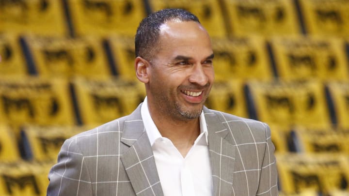 Apr 18, 2025; Memphis, Tennessee, USA; Dallas Mavericks general manager Nico Harrison watches warm ups prior to a game against the Memphis Grizzlies at FedExForum. Mandatory Credit: Petre Thomas-Imagn Images