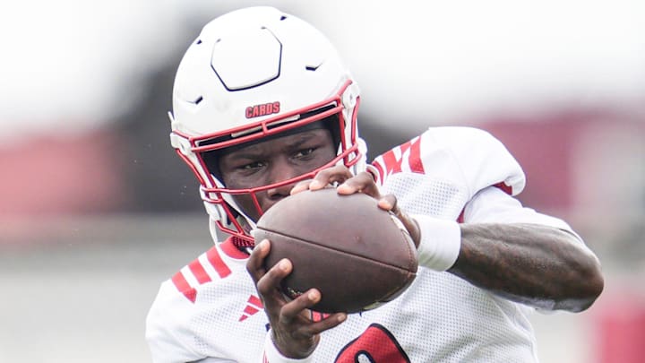 Louisville Cardinals' senior wide receiver Chris Bell (0) during a recent practice on August 4, 2025 before the start of the 2025 football season. In 2024, Bell had 43 receptions for 737 yards with four touchdowns. He averaged 17.1 yards per catch.