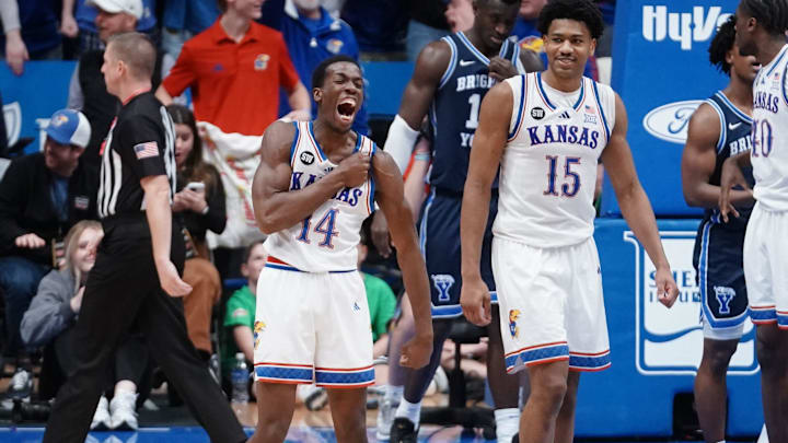 Kansas Jayhawks guard Melvin Council Jr. (14) yells out in the final minute of play during the game against BYU Cougars inside Allen Fieldhouse on Jan. 31, 2026.