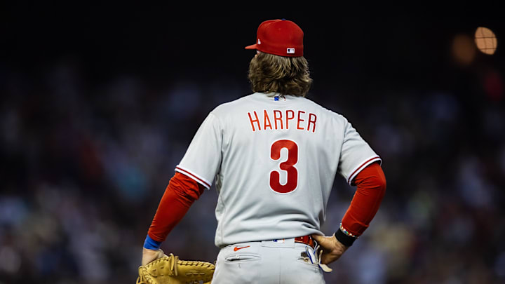 Oct 19, 2023; Phoenix, Arizona, USA; Detailed view of the jersey of Philadelphia Phillies first baseman Bryce Harper (3) during game three of the NLCS for the 2023 MLB playoffs against the Arizona Diamondbacks at Chase Field. Mandatory Credit: Mark J. Rebilas-USA TODAY Sports Oct 19, 2023; Phoenix, Arizona, USA; Detailed view of the jersey of Philadelphia Phillies first baseman Bryce Harper (3) during game three of the NLCS for the 2023 MLB playoffs against the Arizona Diamondbacks at Chase Field. Mandatory Credit: Mark J. Rebilas-USA TODAY Sports