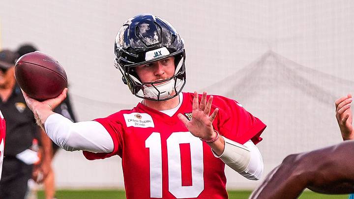 Jacksonville Jaguars quarterback Quinn Ewers (10) throws as he debuted as a Jaguar during an NFL Jaguars practice at the Miller Electric Center, Tuesday September 2, 2026 in Jacksonville, Fla.  [Doug Engle/Florida Times-Union]