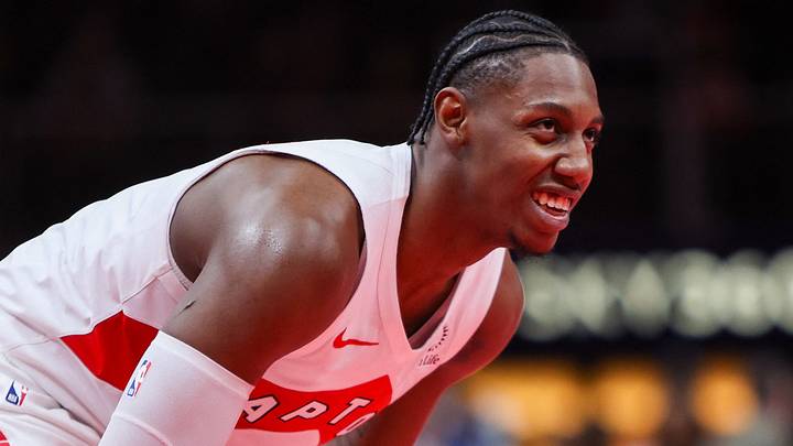 Nov 7, 2025; Atlanta, Georgia, USA; Toronto Raptors forward RJ Barrett (9) reacts after a play against the Atlanta Hawks in the fourth quarter at State Farm Arena. Mandatory Credit: Brett Davis-Imagn Images
