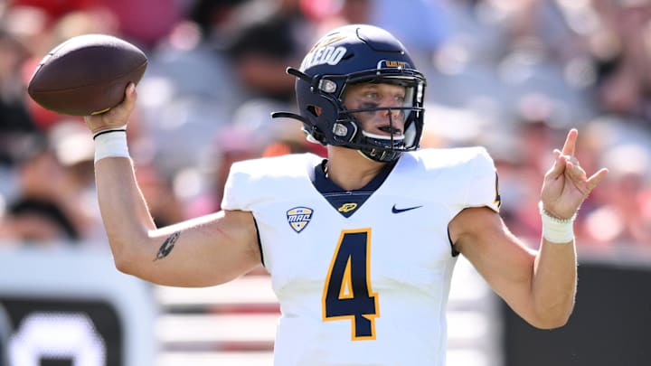 Sep 24, 2022; San Diego, California, USA; Toledo Rockets quarterback Tucker Gleason (4) throws a pass against the San Diego State Aztecs during the second half at Snapdragon Stadium. Mandatory Credit: Orlando Ramirez-Imagn Images