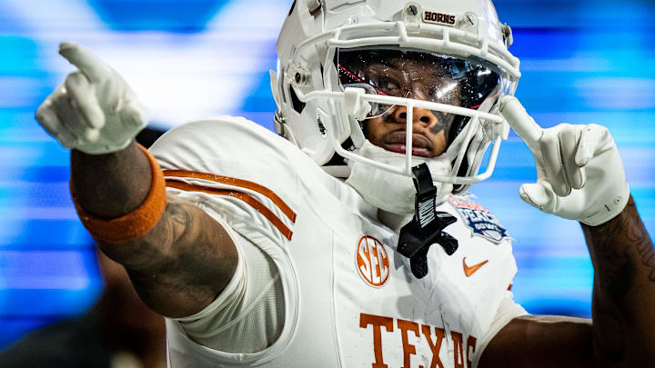Texas Longhorns wide receiver Matthew Golden (2) celebrates catching a long pass for a first down near the end zone in the fourth quarter as the Texas Longhorns play the Arizona State Sun Devils in the Peach Bowl College Football Playoff quarterfinal at Mercedes-Benz Stadium in Atlanta, Georgia, Jan. 1, 2025. Texas Longhorns wide receiver Matthew Golden (2) celebrates catching a long pass for a first down near the end zone in the fourth quarter as the Texas Longhorns play the Arizona State Sun Devils in the Peach Bowl College Football Playoff quarterfinal at Mercedes-Benz Stadium in Atlanta, Georgia, Jan. 1, 2025.