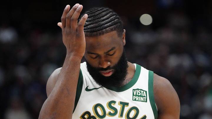 Mar 7, 2024; Denver, Colorado, USA; Boston Celtics guard Jaylen Brown (7) reacts in the fourth quarter against the Denver Nuggets at Ball Arena. Mandatory Credit: Ron Chenoy-USA TODAY Sports