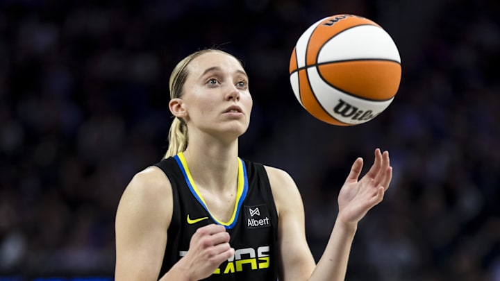 Sep 4, 2025; San Francisco, California, USA;  Dallas Wings guard Paige Bueckers (5) prepares to take a free throw against the Golden State Valkyries during the second half at Chase Center. Mandatory Credit: John Hefti-Imagn Images