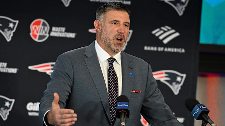 Jan 13, 2025; Foxborough, MA, USA; Mike Vrabel addresses media at a press conference to announce his hiring as the head coach of the New England Patriots at Gillette Stadium. Mandatory Credit: Eric Canha-Imagn Images