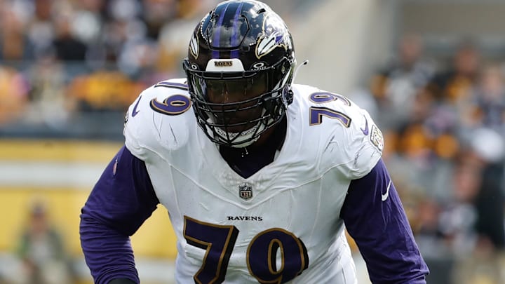Oct 8, 2023; Pittsburgh, Pennsylvania, USA;  Baltimore Ravens offensive tackle Ronnie Stanley (79) at the line of scrimmage against the Pittsburgh Steelers during the second quarter at Acrisure Stadium. Mandatory Credit: Charles LeClaire-Imagn Images