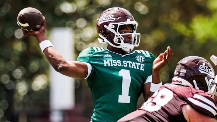 Mississippi State Quarterback Kamario Taylor (#1) during the 2025 Spring Game at Davis Wade Stadium at Scott Field in Starkville, MS. Mississippi State Quarterback Kamario Taylor (#1) during the 2025 Spring Game at Davis Wade Stadium at Scott Field in Starkville, MS.