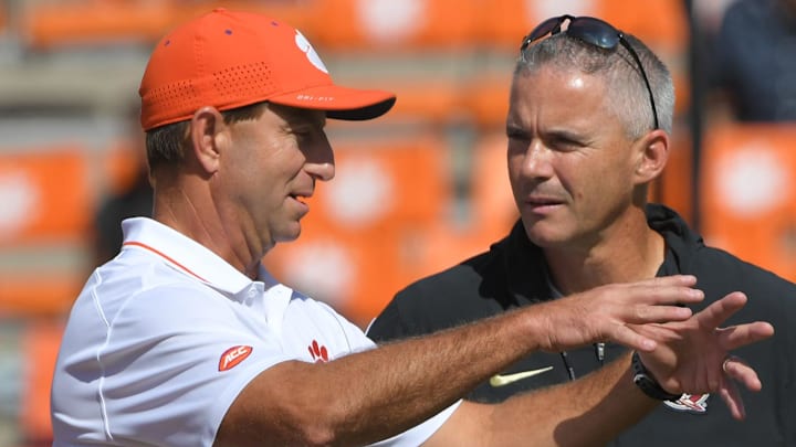 Sep 23, 2023; Clemson, South Carolina, USA; Clemson Tigers head coach Dabo Swinney and Florida State Seminoles head coach Mike Norvell before a game at Memorial Stadium. Mandatory Credit: Ken Ruinard-Imagn Images Sep 23, 2023; Clemson, South Carolina, USA; Clemson Tigers head coach Dabo Swinney and Florida State Seminoles head coach Mike Norvell before a game at Memorial Stadium. Mandatory Credit: Ken Ruinard-Imagn Images