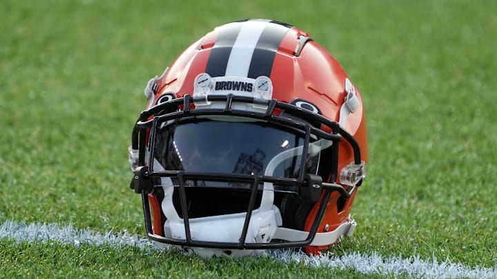 Aug 3, 2023; Canton, Ohio, USA; A Cleveland Browns helmet with Oakley visor on the field at Tom Benson Hall of Fame Stadium. Mandatory Credit: Kirby Lee-Imagn Images