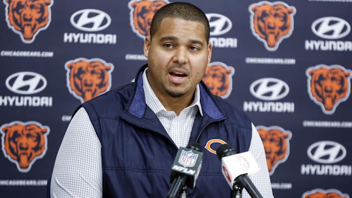 Chicago Bears general manager Ryan Poles speaks during a press conference at Halas Hall.