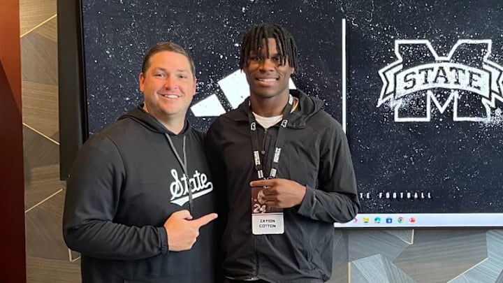 Mississippi State coach Jeff Lebby meets with Grenada 4-star wide receiver Zayion Cotton during his unofficial visit in February 1, 2025