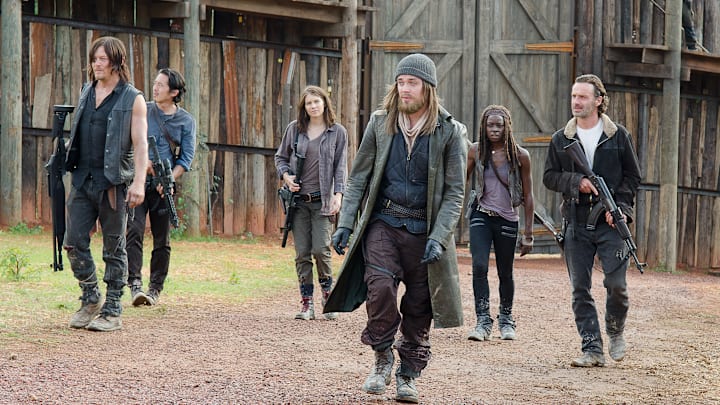 Steven Yeun as Glenn Rhee, Danai Gurira as Michonne, Michael Cudlitz as Abraham, Andrew Lincoln as Rick Grimes, Lauren Cohan as Maggie Greene, Norman Reedus as Daryl Dixon, and Tom Payne as Jesus - The Walking Dead _ Season 6, Episode 11 - Photo Credit: Gene Page/AMC