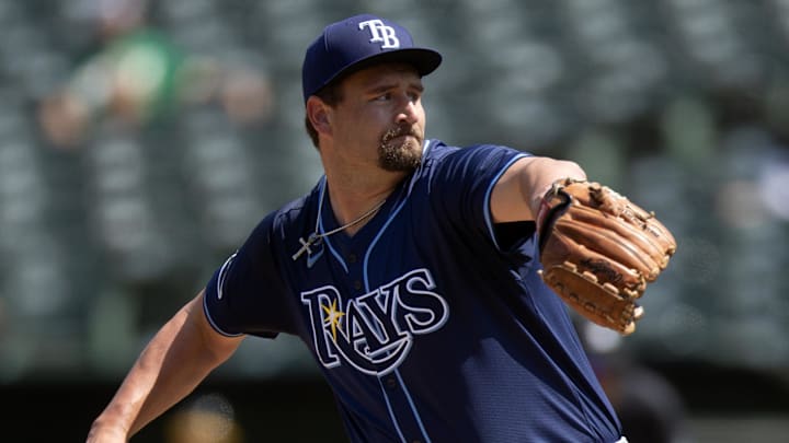 Aug 22, 2024; Oakland, California, USA; Tampa Bay Rays pitcher Joel Kuhnel (67) delivers a pitch against the Oakland Athletics during the seventh inning at Oakland-Alameda County Coliseum. Mandatory Credit: D. Ross Cameron-Imagn Images Aug 22, 2024; Oakland, California, USA; Tampa Bay Rays pitcher Joel Kuhnel (67) delivers a pitch against the Oakland Athletics during the seventh inning at Oakland-Alameda County Coliseum. Mandatory Credit: D. Ross Cameron-Imagn Images
