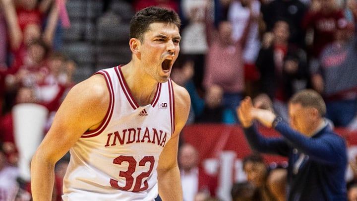 Indiana's Trey Galloway (32) celebrates against Penn State at Simon Skjodt Assembly Hall.